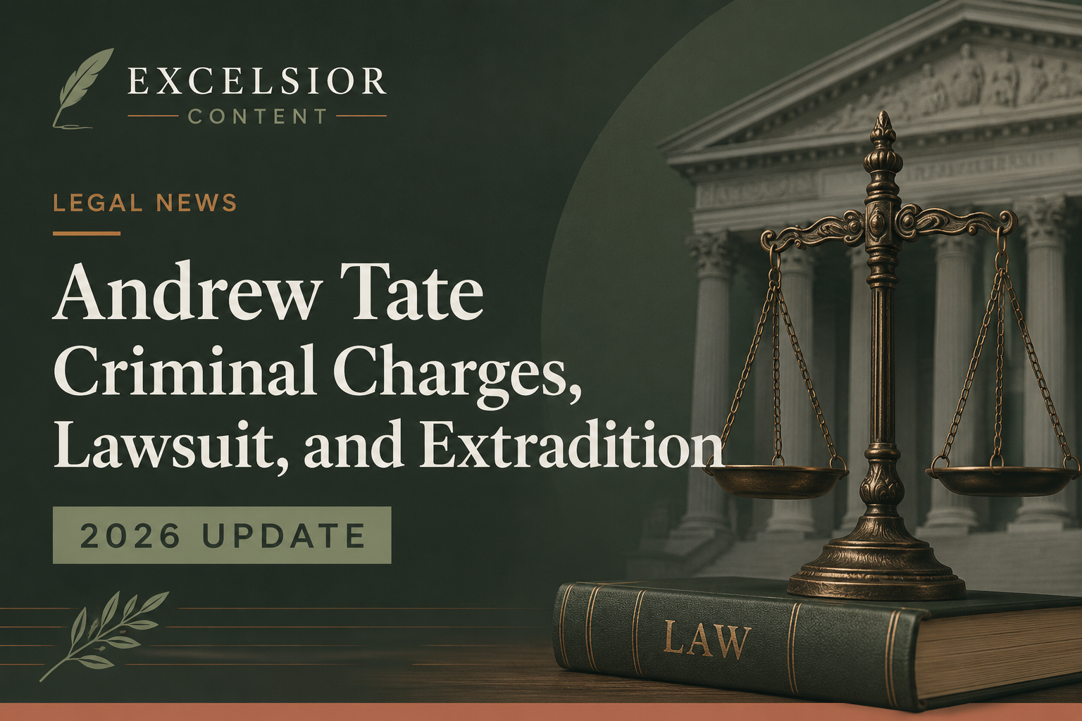 Graphic for an Excelsior Content legal news article about the Andrew Tate criminal charges and extradition case.
